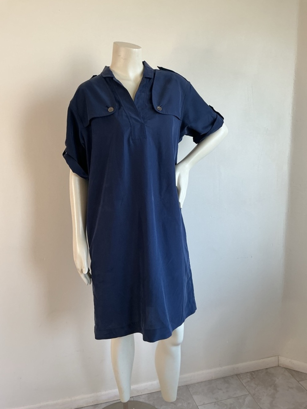 Tommy Bahama Blue Nautical Utility Shirt Dress Roll Tab Sleeve Pockets Sz M